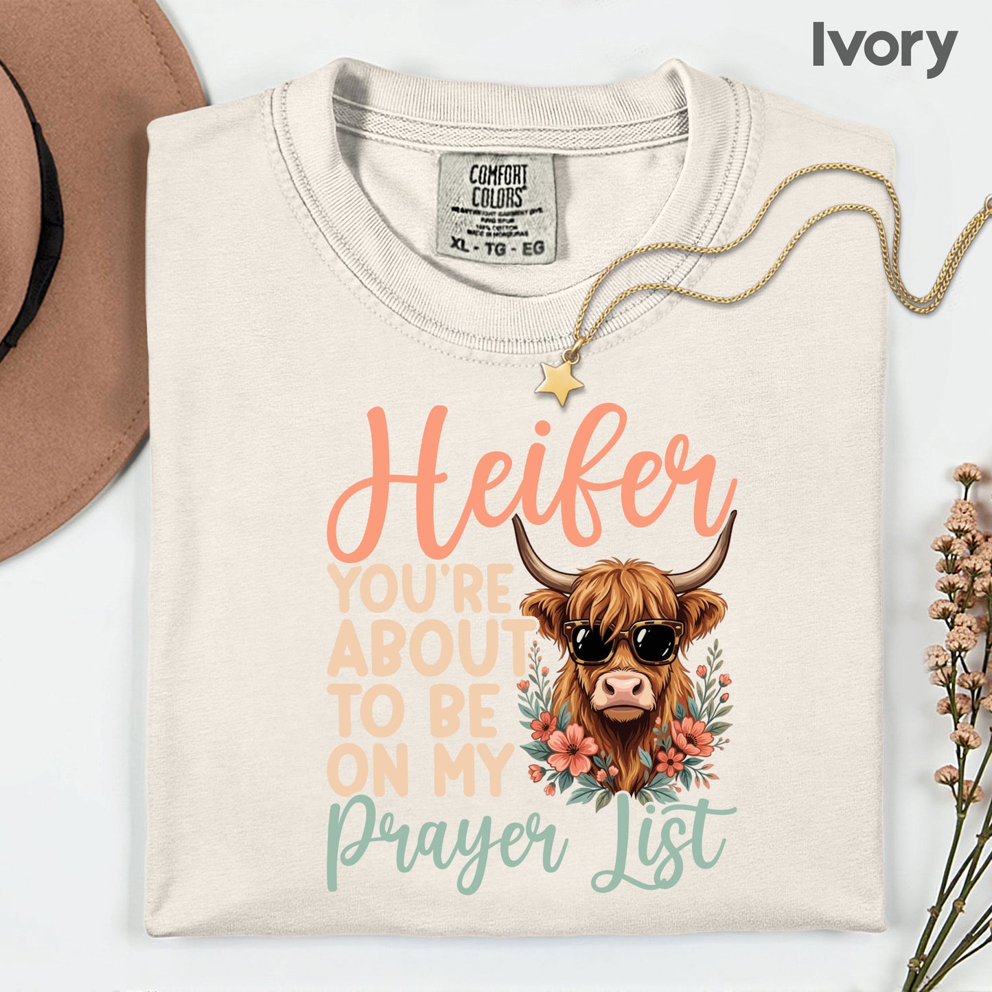Sassy Highland Cow Prayer List T-Shirt, Sunglasses Floral Country Western Tee