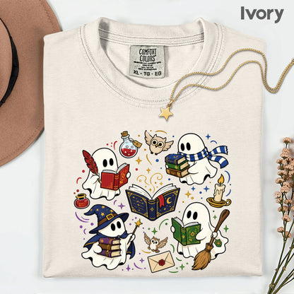 Reading Ghosts Spooky Bookish T-Shirt, Wizard Academy Halloween Comfort Color Tee