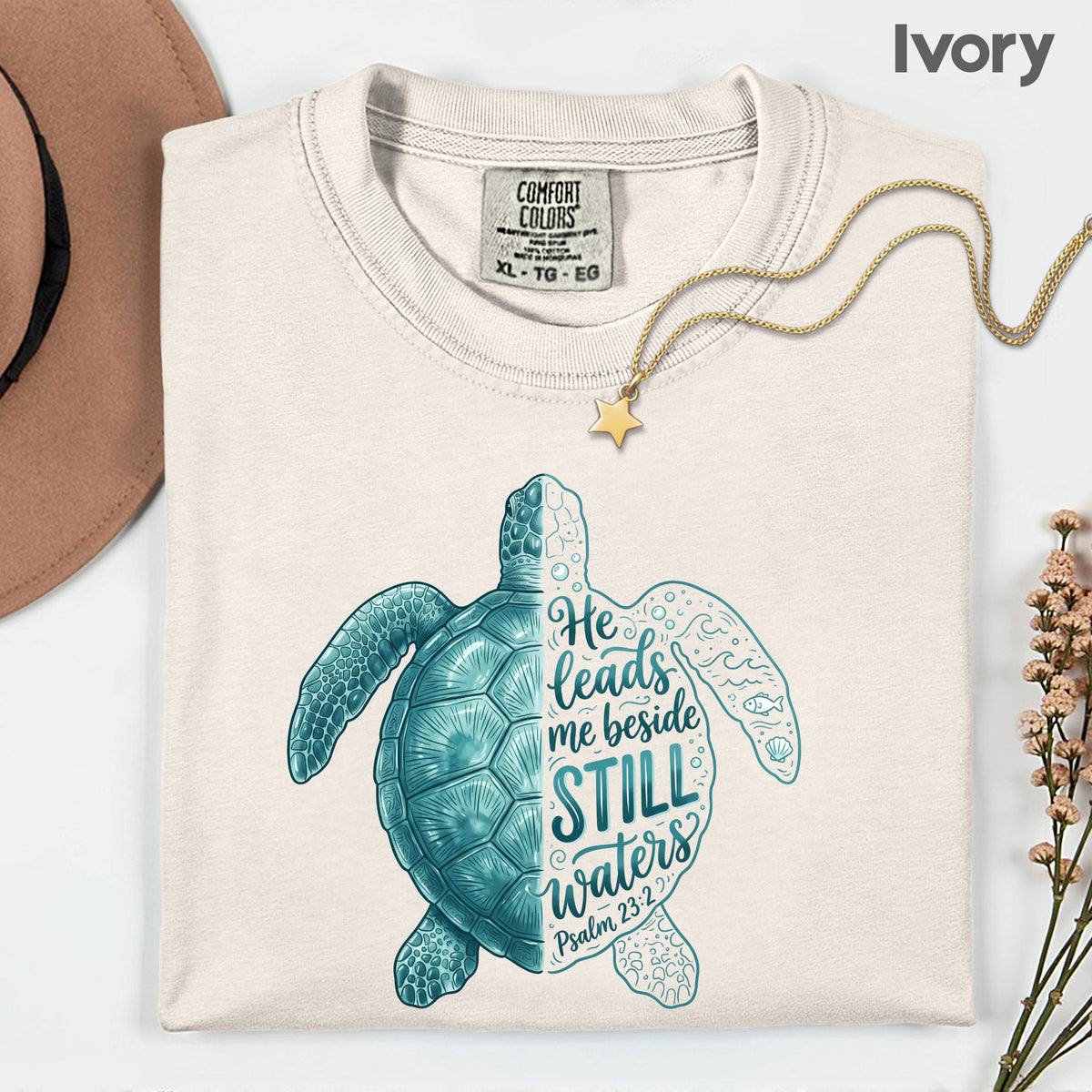 Christian Sea Turtle Psalm 23 T-Shirt, He Leads Me Beside Still Waters Faith Tee