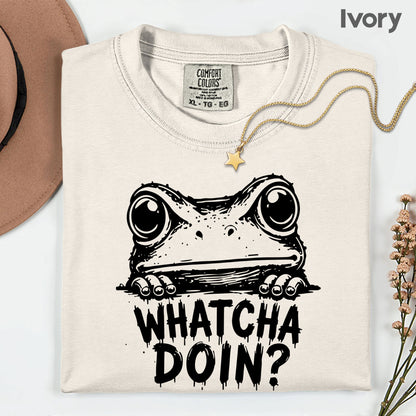 Whatcha Doin Frog Funny Peeking T-Shirt, Black White Cute Frog Tee