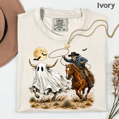 Halloween Skeleton Cowboy Ghost T-Shirt, Western Rodeo Bull Lasso Spooky Tee