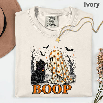 Halloween Cute Ghost Boop Black Cat T-Shirt, Floral Sheet Bats Spooky Season Tee