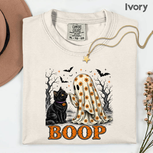 Halloween Cute Ghost Boop Black Cat T-Shirt, Floral Sheet Bats Spooky Season Tee