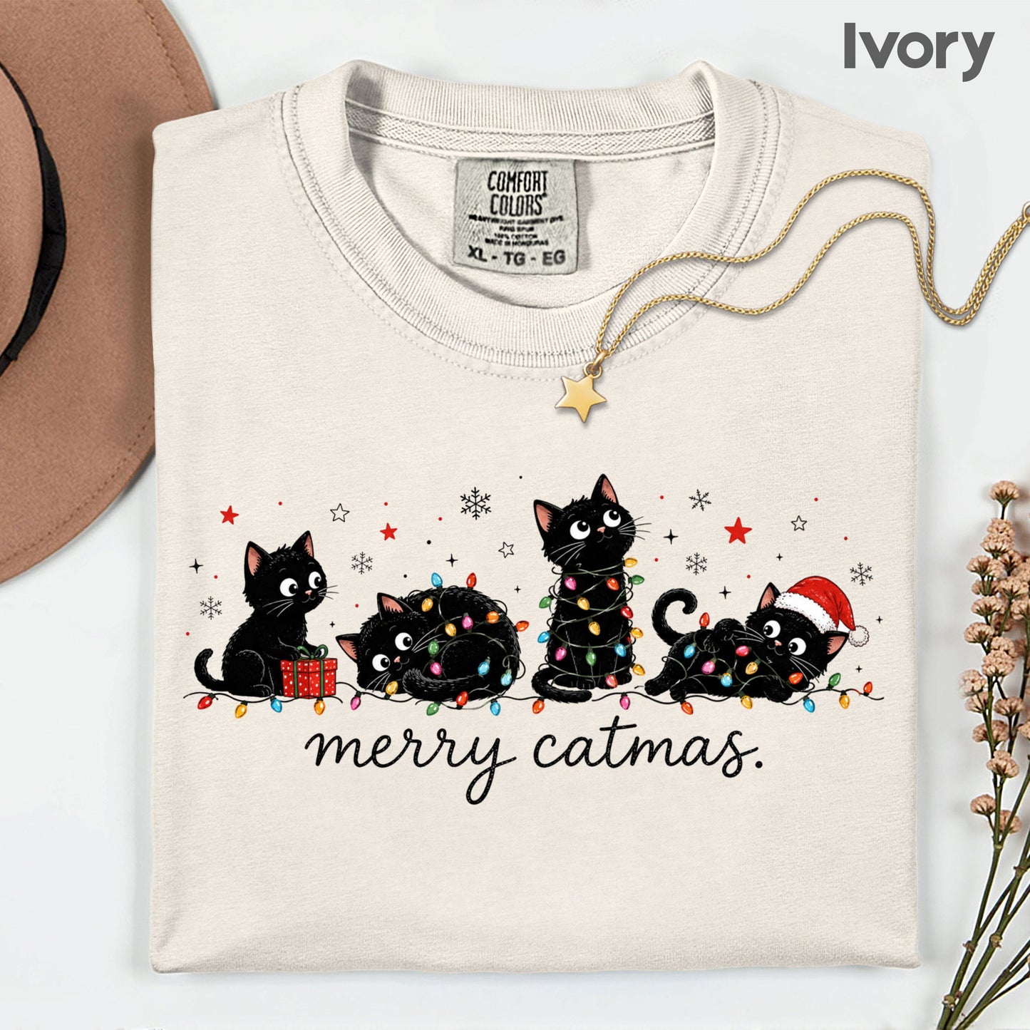 Merry Catmas Black Cats Christmas T-Shirt, Christmas Lights Black Kittens Cat Lover Tee