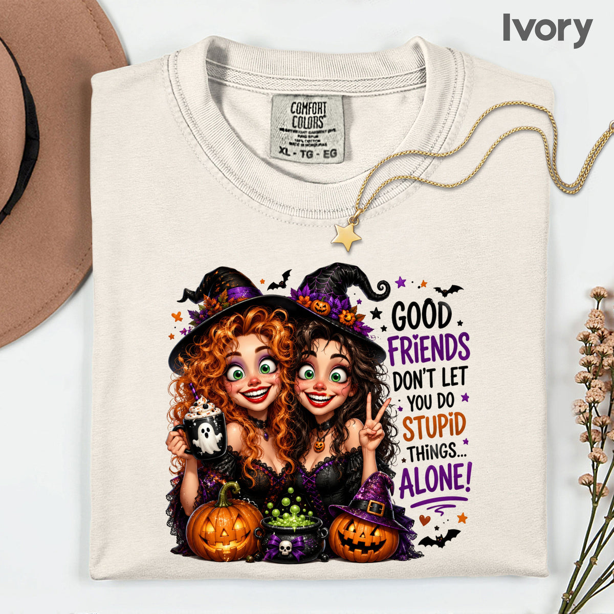 Halloween Witches Best Friends T-Shirt, Funny Spooky Besties Good Friends Tee