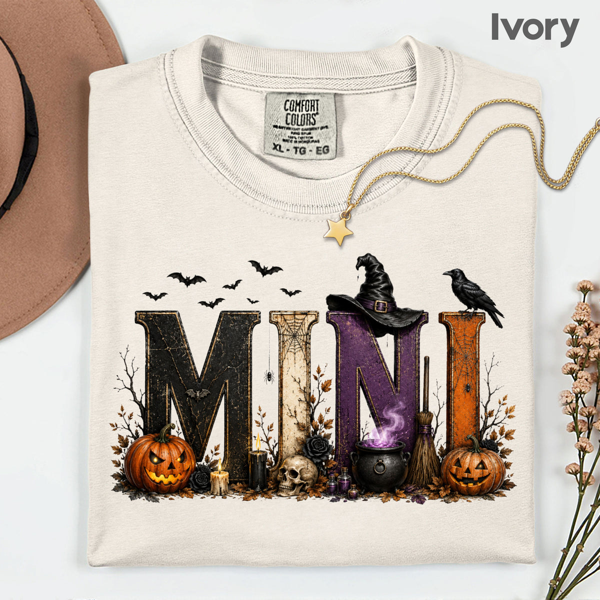 Mini Halloween Witch Hat Cauldron Pumpkin Kids T-Shirt, Spooky Season Tee