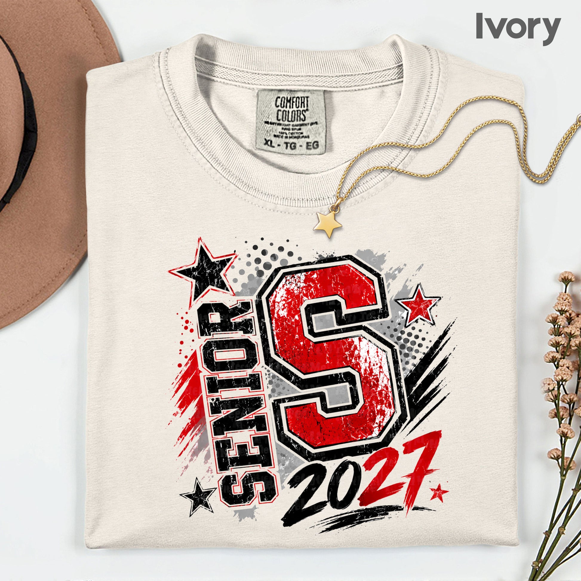Senior 2027 Class of 2027 T-Shirt, Red Black Distressed Letter Graduation Tee