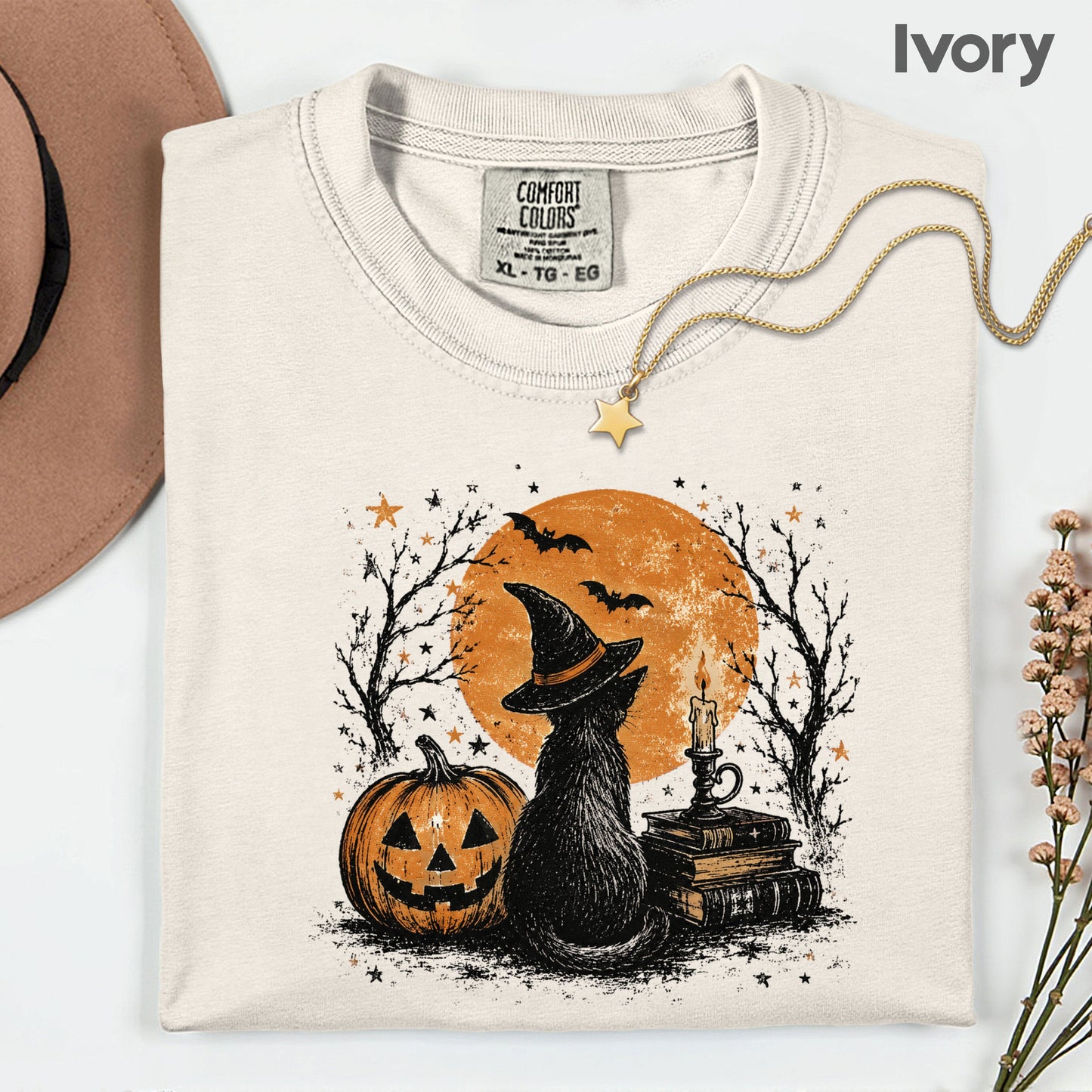 Halloween Black Cat Witch T-Shirt, Full Moon Pumpkin Spooky Vintage Books Magic Tee