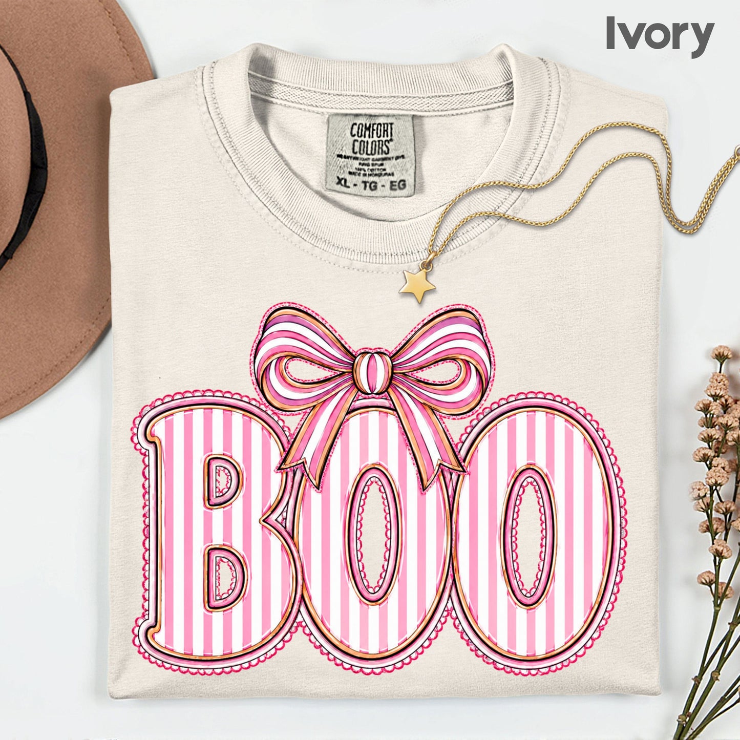 Boo Coquette Pink Bow Halloween T-Shirt, Striped Ribbon Cute Spooky Season Tee