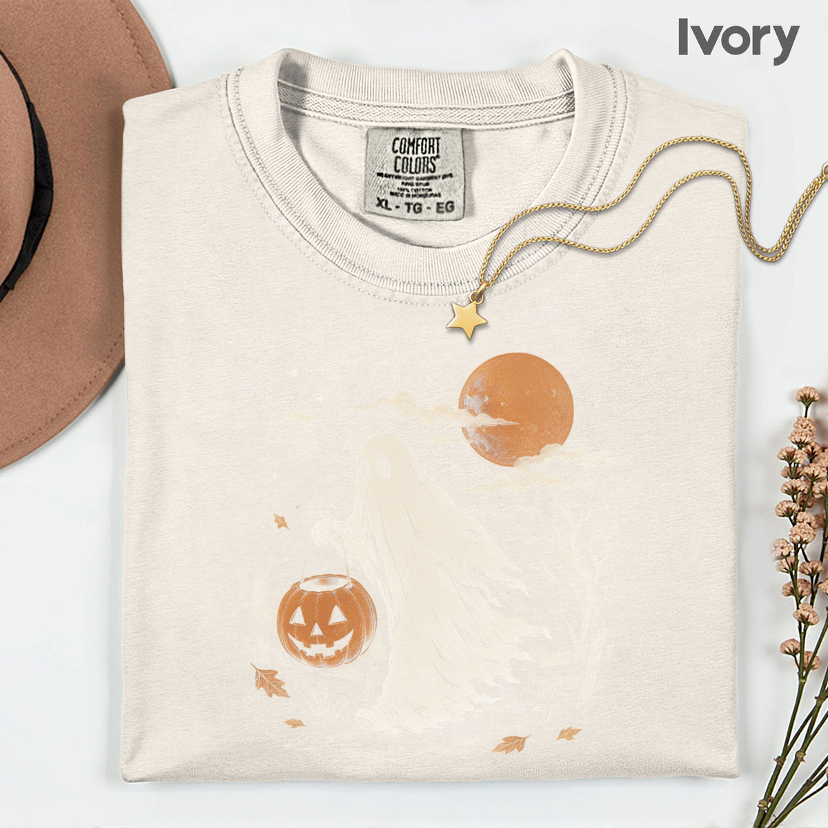 Vintage Halloween Ghost T-Shirt, Jack O Lantern Full Moon Sepia Neutral Tones Spooky Fall Tee