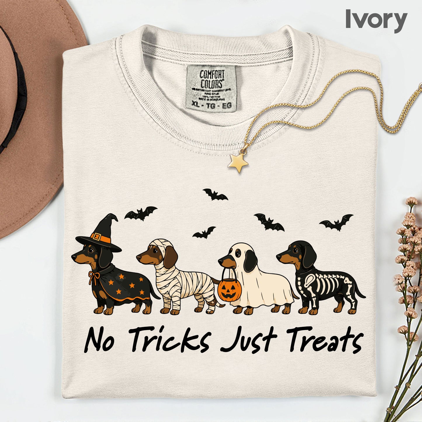 Dachshund Halloween Comfort Colors T Shirts No Tricks Just Treats Costume Tee Cute Ghost Mummy Witch Skeleton Dog Shirt Spooky Wiener Dog Hoodie