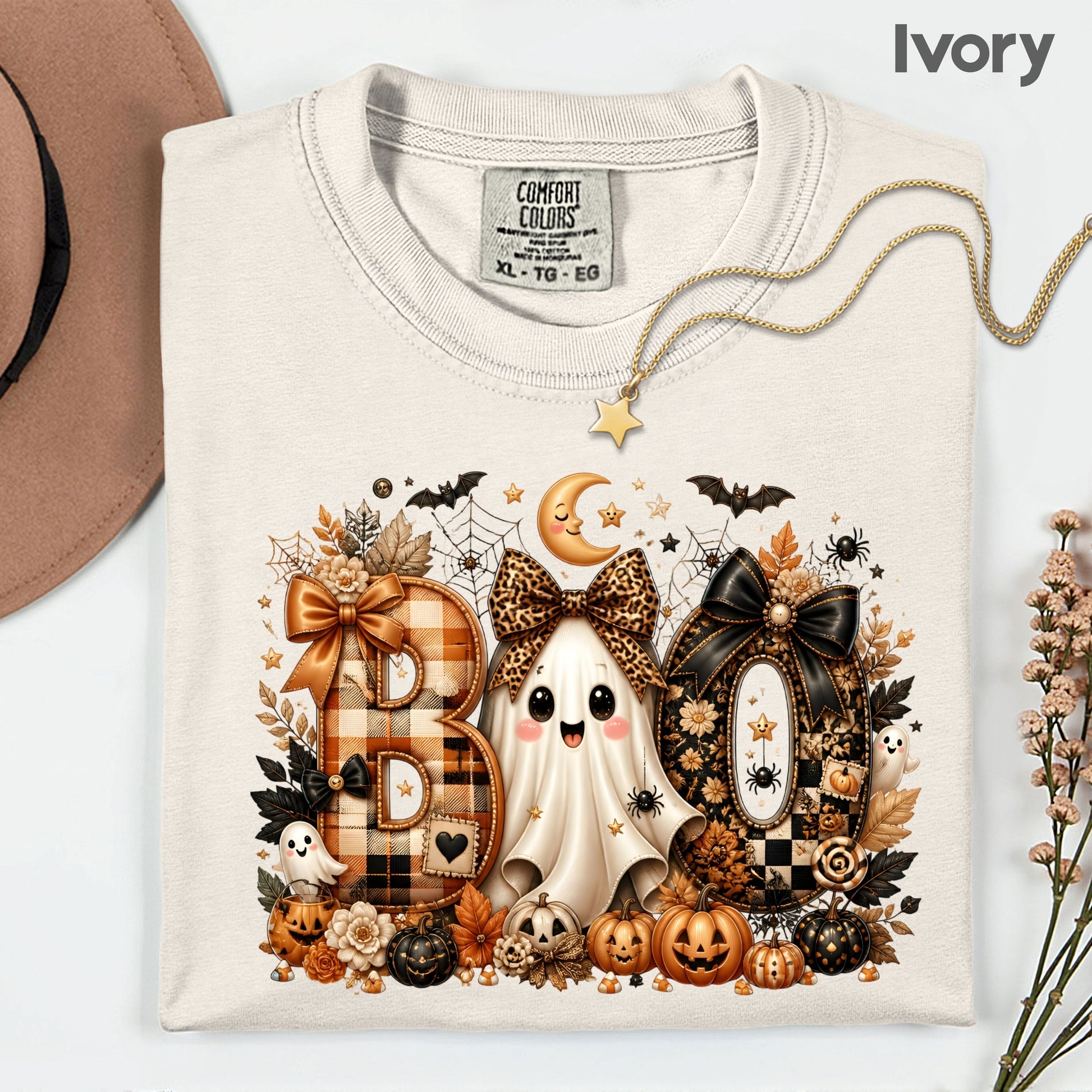 Halloween Boo Ghost T-Shirt, Cute Bows Orange Plaid Leopard Spooky Season Comfort Color Tee