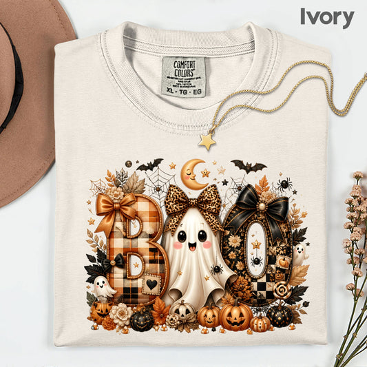 Halloween Boo Ghost T-Shirt, Cute Bows Orange Plaid Leopard Spooky Season Comfort Color Tee