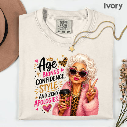 Age Brings Confidence Senior Woman T-Shirt, Fabulous Glam Leopard Coffee Comfort Color Tee