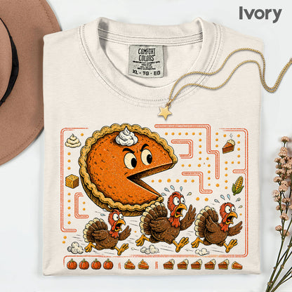 Funny Thanksgiving Pacman Pumpkin Pie T-Shirt, Chasing Turkeys Maze Video Game Tee