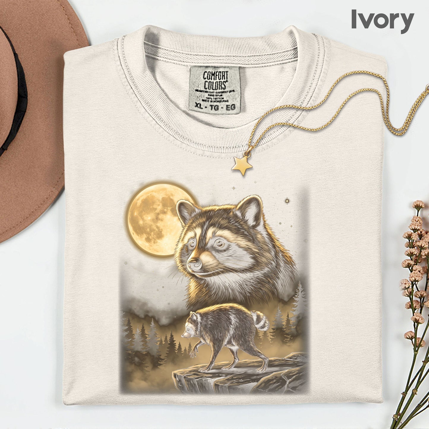 Vintage Raccoon Full Moon T-Shirt, Forest Wildlife Trash Panda Outdoor Comfort Color Tee