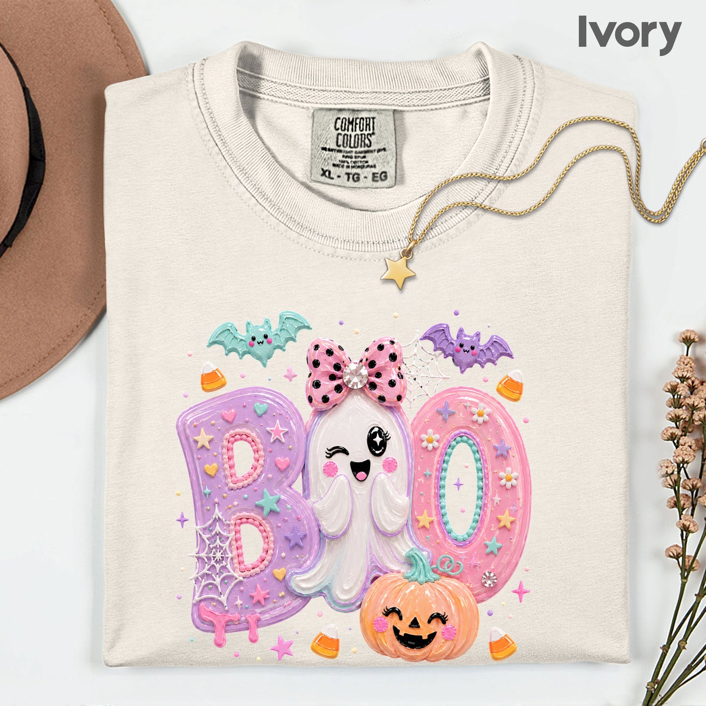 Pastel Cute Ghost Halloween Boo T-Shirt, Pink Purple Bow Pumpkin Candy Corn Girls Tee