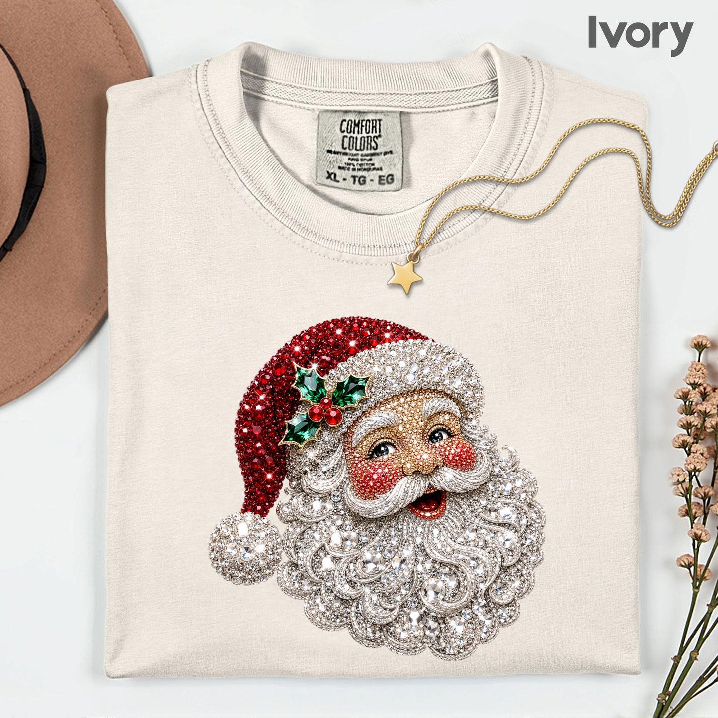 Christmas Santa Claus Vintage T-Shirt, Bejeweled Rhinestone Santa Head Festive Holiday Tee