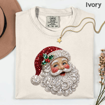 Christmas Santa Claus Vintage T-Shirt, Bejeweled Rhinestone Santa Head Festive Holiday Tee