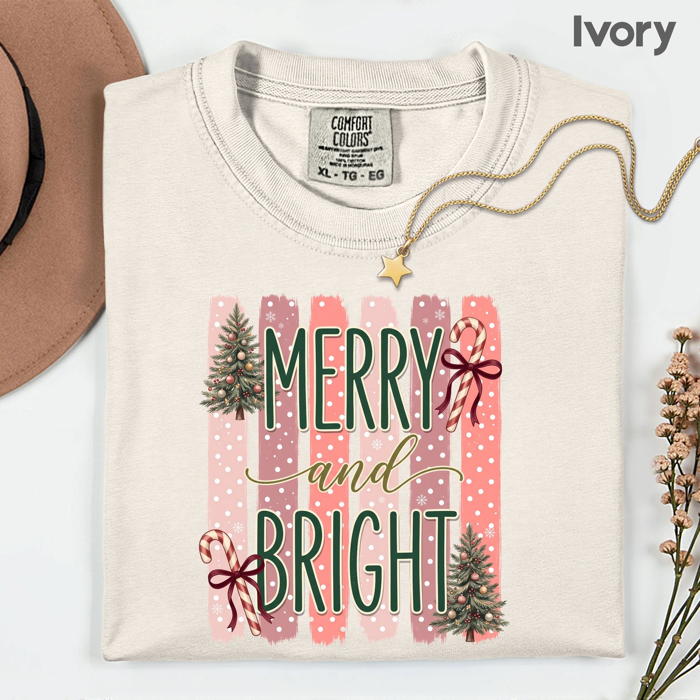 Merry and Bright Comfort Colors T Shirts Cute Christmas Tree Tees Pink Candy Cane Shirt Festive Holiday Winter Graphic Hoodie