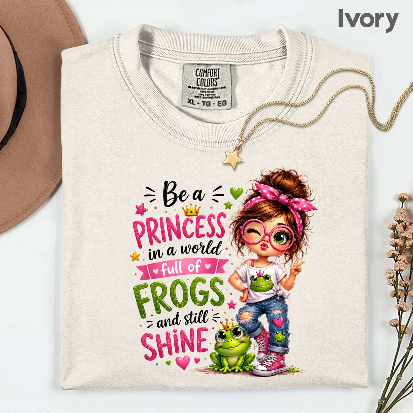 Be a Princess Frog Girl T-Shirt, Cute Messy Bun Pink Green Quote Tee