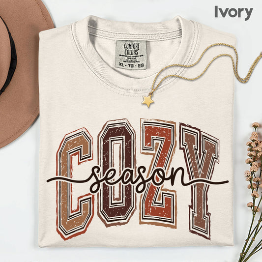 Cozy Season Fall T-Shirt, Distressed Varsity Letters Autumn Neutral Tones Tee