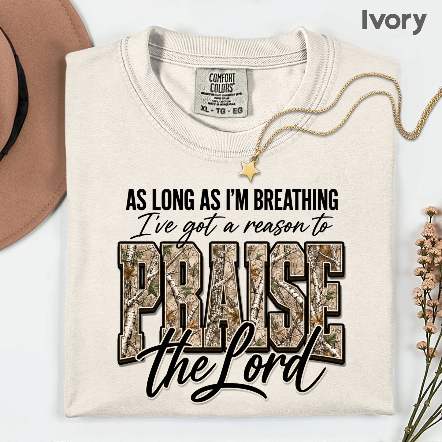 Praise the Lord Christian Camo T-Shirt, Faith Hunting Quote Comfort Color Tee