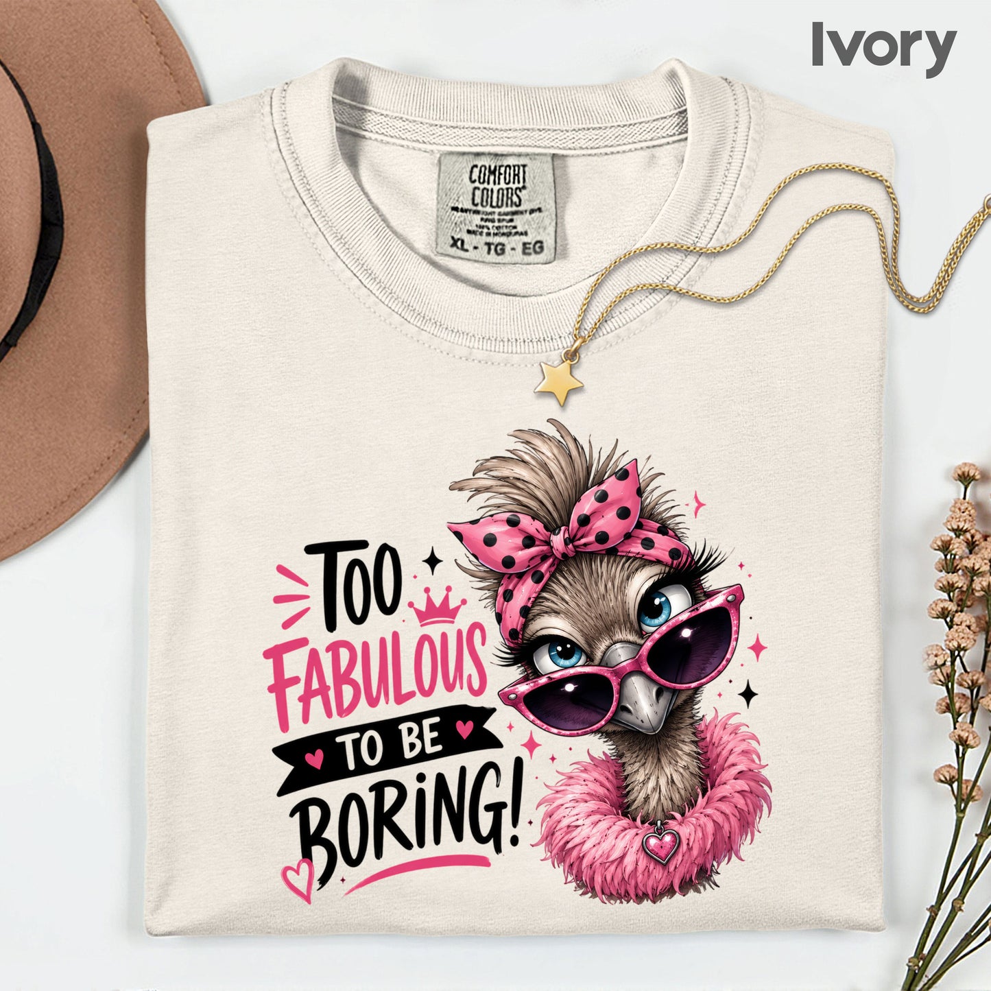 Funny Ostrich Too Fabulous to Be Boring T-Shirt, Sassy Emu Pink Bow Sunglasses Feather Boa Tee