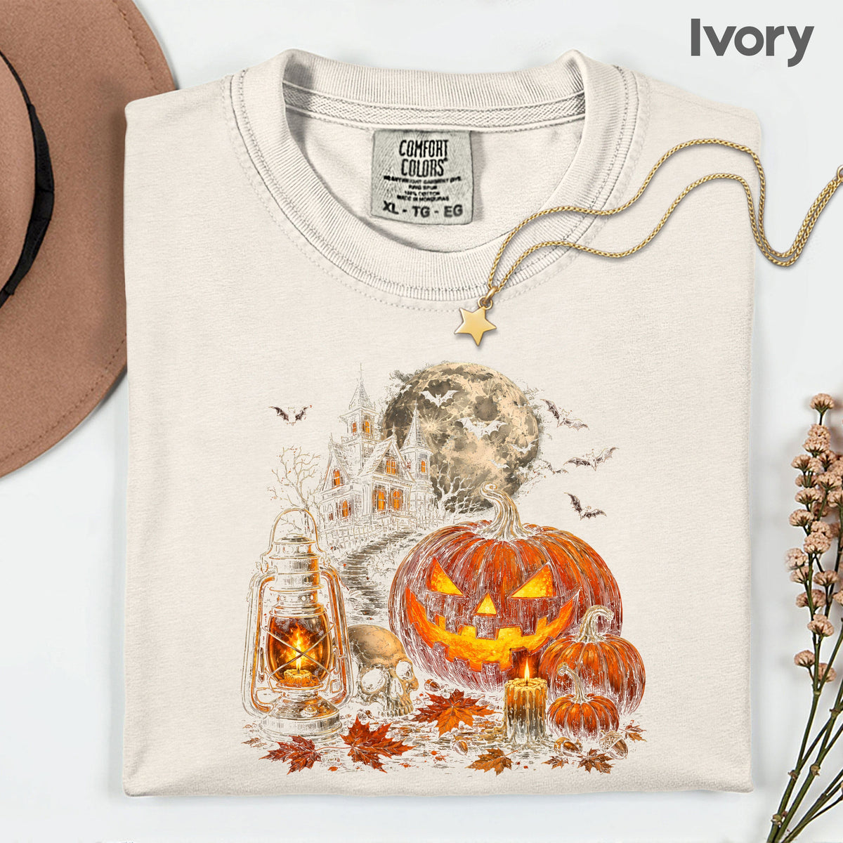 Vintage Haunted House Halloween T-Shirt, Pumpkin Lantern Jack O Lantern Spooky Autumn Tee