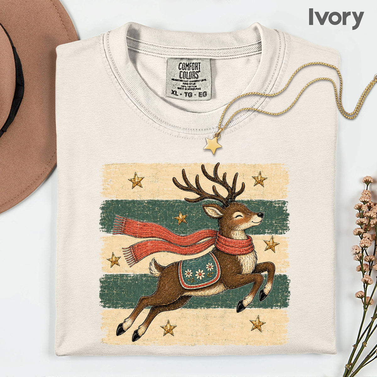 Vintage Christmas Reindeer T-Shirt, Flying Reindeer Scarf Retro Winter Comfort Color Tee