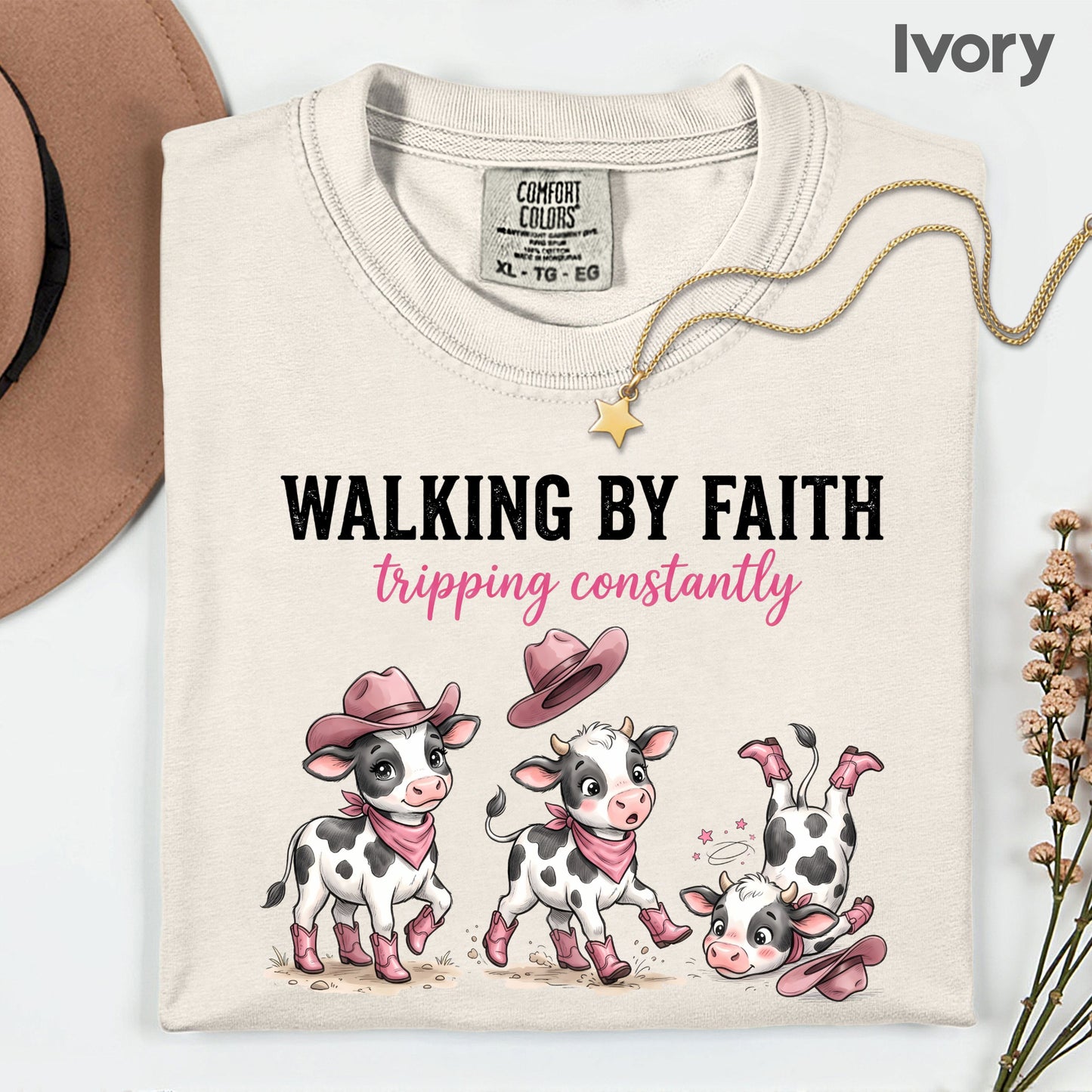 Funny Western Cow Walking by Faith T-Shirt, Pink Cowboy Boots Christian Humor Tee