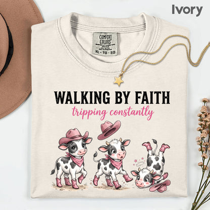 Funny Western Cow Walking by Faith T-Shirt, Pink Cowboy Boots Christian Humor Tee