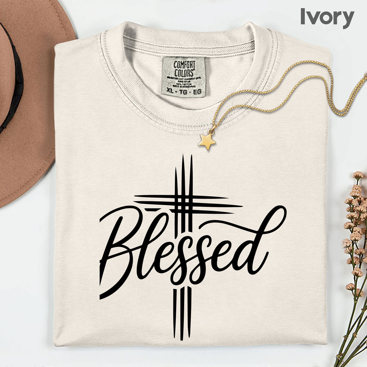 Blessed Cross Christian T-Shirt, Script Cursive Faith Minimalist Religious Tee Sweatshirt