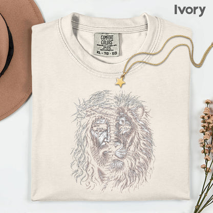 Lion and Jesus Christian Faith T-Shirt, Lion of Judah Crown of Thorns Sketch Tee