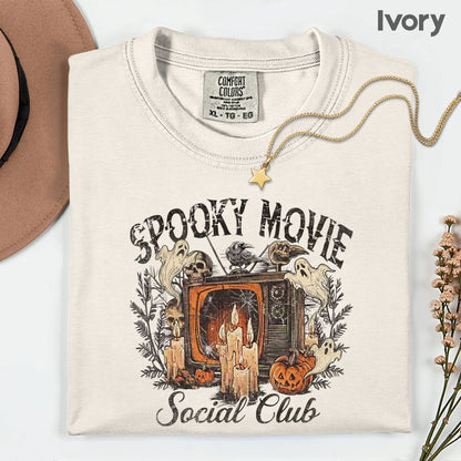 Spooky Movie Social Club Vintage Horror T-Shirt, Ghosts Pumpkin Candles Halloween Tee