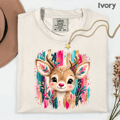 Cute Christmas Reindeer Floral Antlers T-Shirt, Pink Teal Gold Holiday Tee