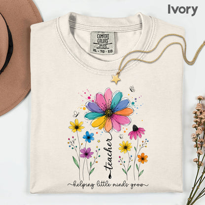 Teacher Helping Little Minds Grow Wildflower T-Shirt, Floral Teacher Quote Tee