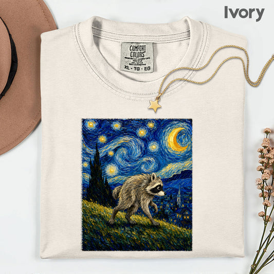 Starry Night Raccoon T-Shirt, Van Gogh Style Oil Painting Funny Wildlife Art Tee