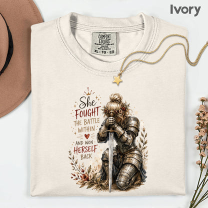 Inspirational Knight Girl She Fought the Battle Within T-Shirt, Female Warrior Sword Armor Tee