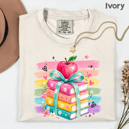 Coquette Stacked Books Teacher T-Shirt, Apple Ribbon Colorful Brushstrokes Comfort Color Tee