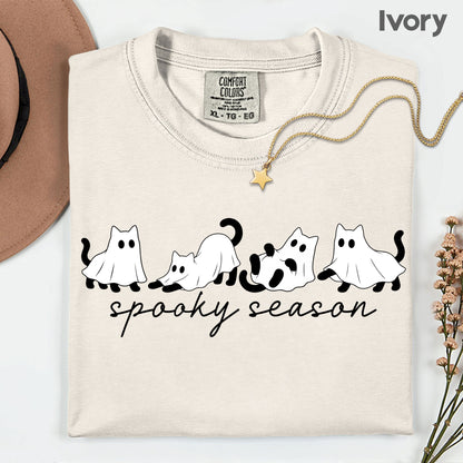 Spooky Season Ghost Cats Halloween T-Shirt, Black Cats Ghost Line Art Minimalist Tee
