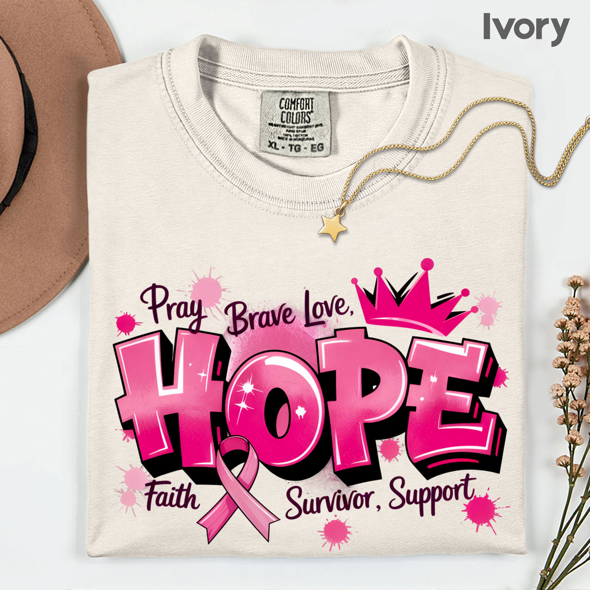 Breast Cancer Hope Pink Ribbon T-Shirt, Survivor Awareness Support Comfort Color Tee
