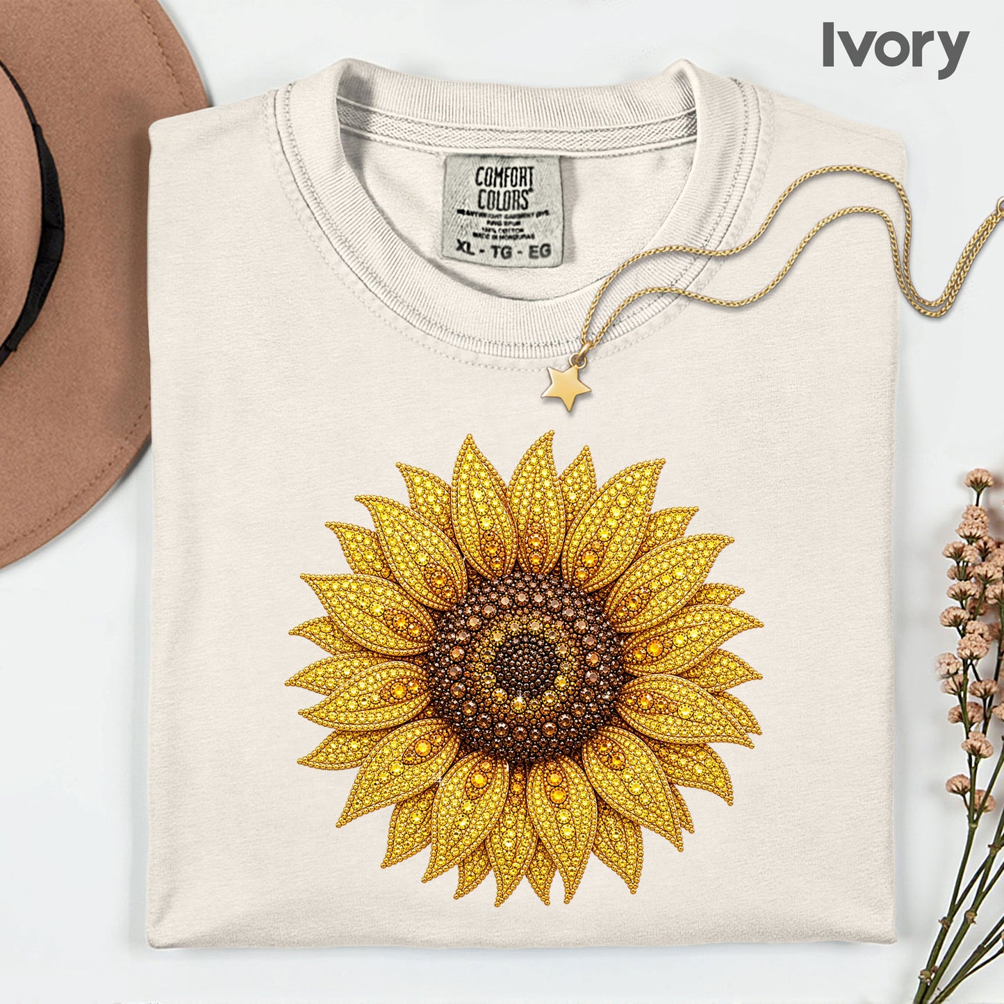 Sunflower Yellow Beaded Floral T-Shirt, Summer Fall Flower Tee