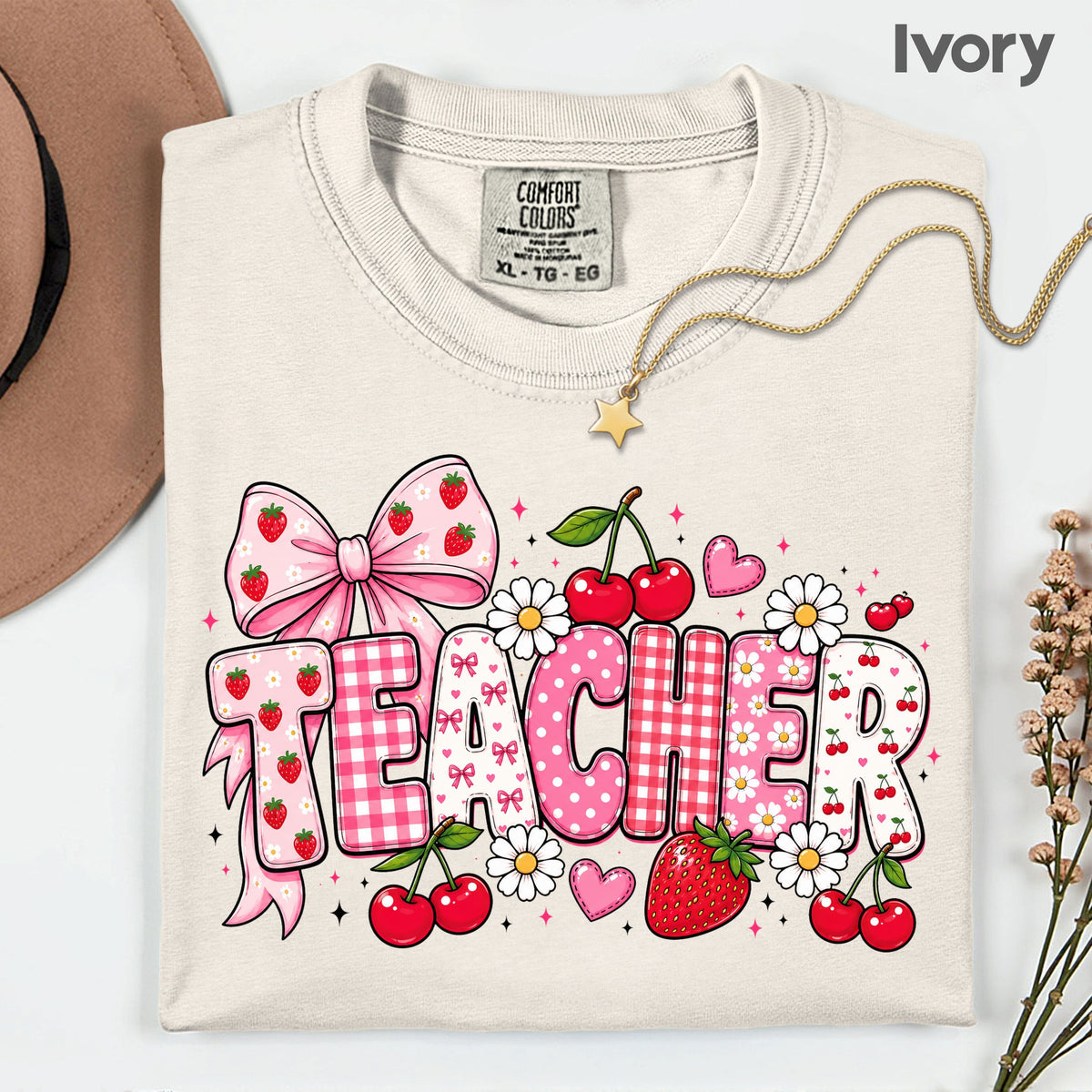 Teacher Coquette Pink T-Shirt, Strawberries Cherries Bow School Educator Tee