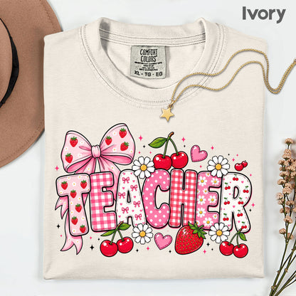 Teacher Coquette Pink T-Shirt, Strawberries Cherries Bow School Educator Tee