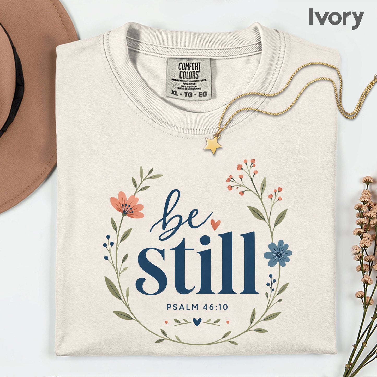 Be Still Psalm 46:10 Christian T-Shirt, Floral Wreath Bible Verse Faith Inspirational Tee