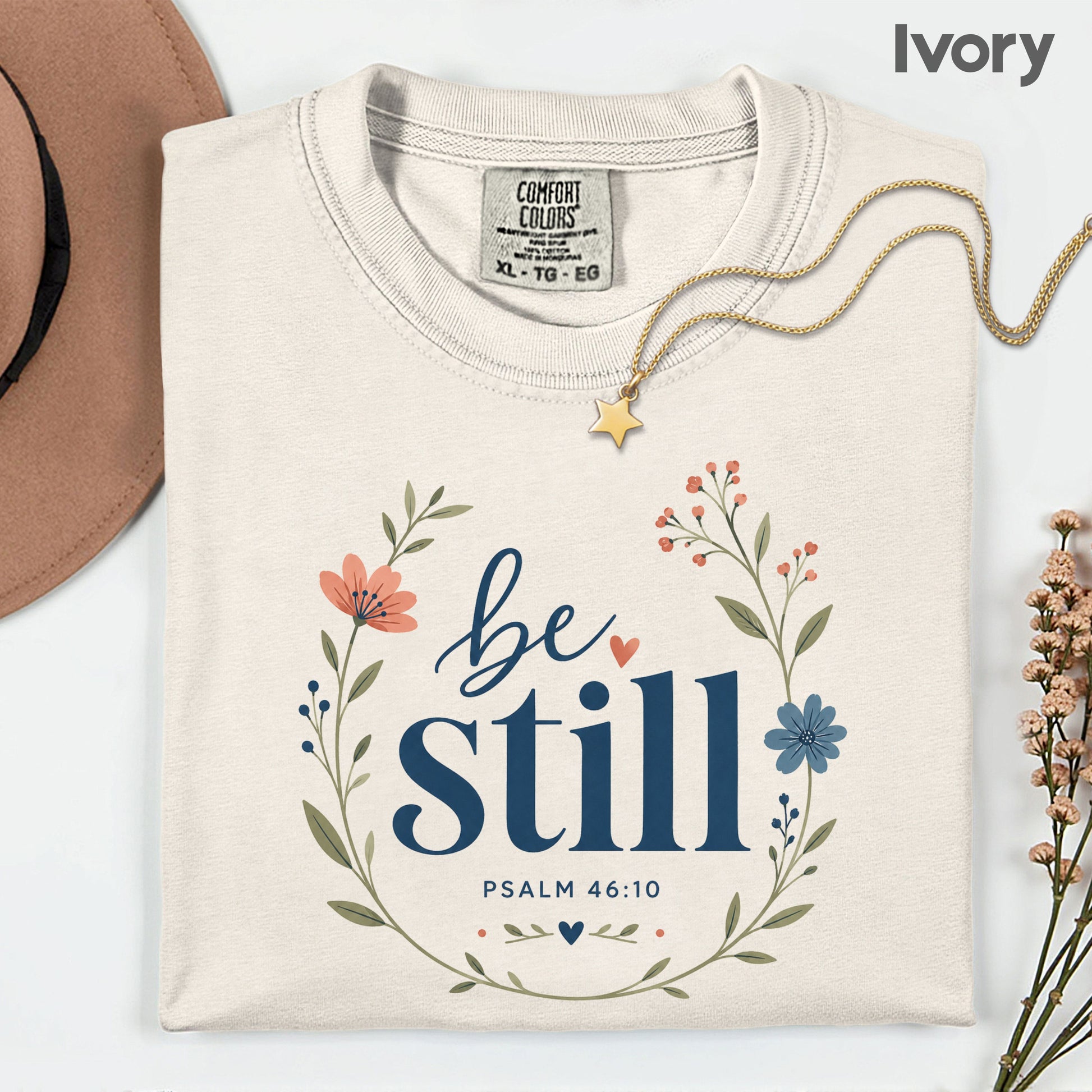 Be Still Psalm 46:10 Christian T-Shirt, Floral Wreath Bible Verse Faith Inspirational Tee