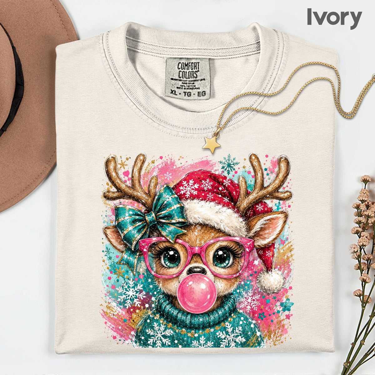 Christmas Reindeer Pink Glasses T-Shirt, Bubblegum Deer Santa Hat Cute Comfort Color Tee