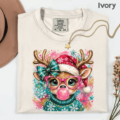 Christmas Reindeer Pink Glasses T-Shirt, Bubblegum Deer Santa Hat Cute Comfort Color Tee