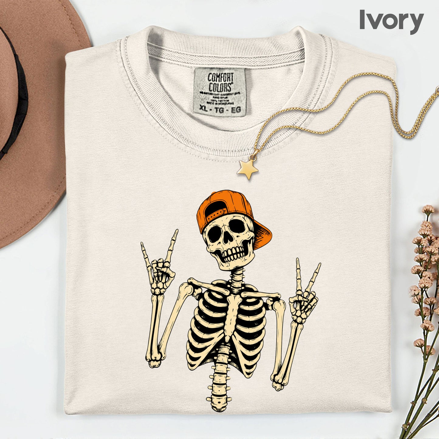 Cool Skeleton Rock On T-Shirt, Peace Sign Halloween Orange Hat Spooky Tee